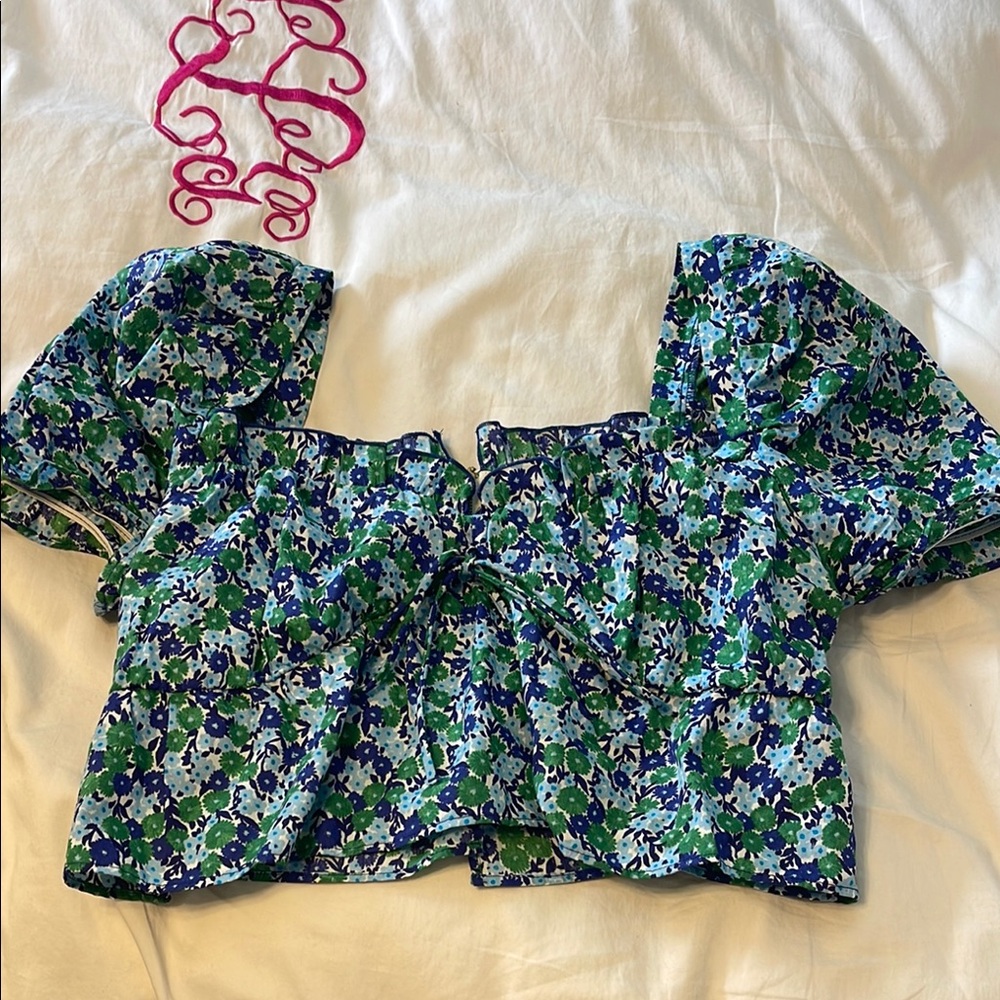 Zara Black and Blue Puff Sleeve Crop Blouse